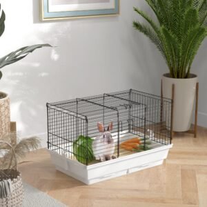 Catface Rabbit Guinea Pig Cage, Bunny Cage Pet Pen with Sliding-Out Trays, Bottom Wood Board, Doors, 24 x 15 x 16